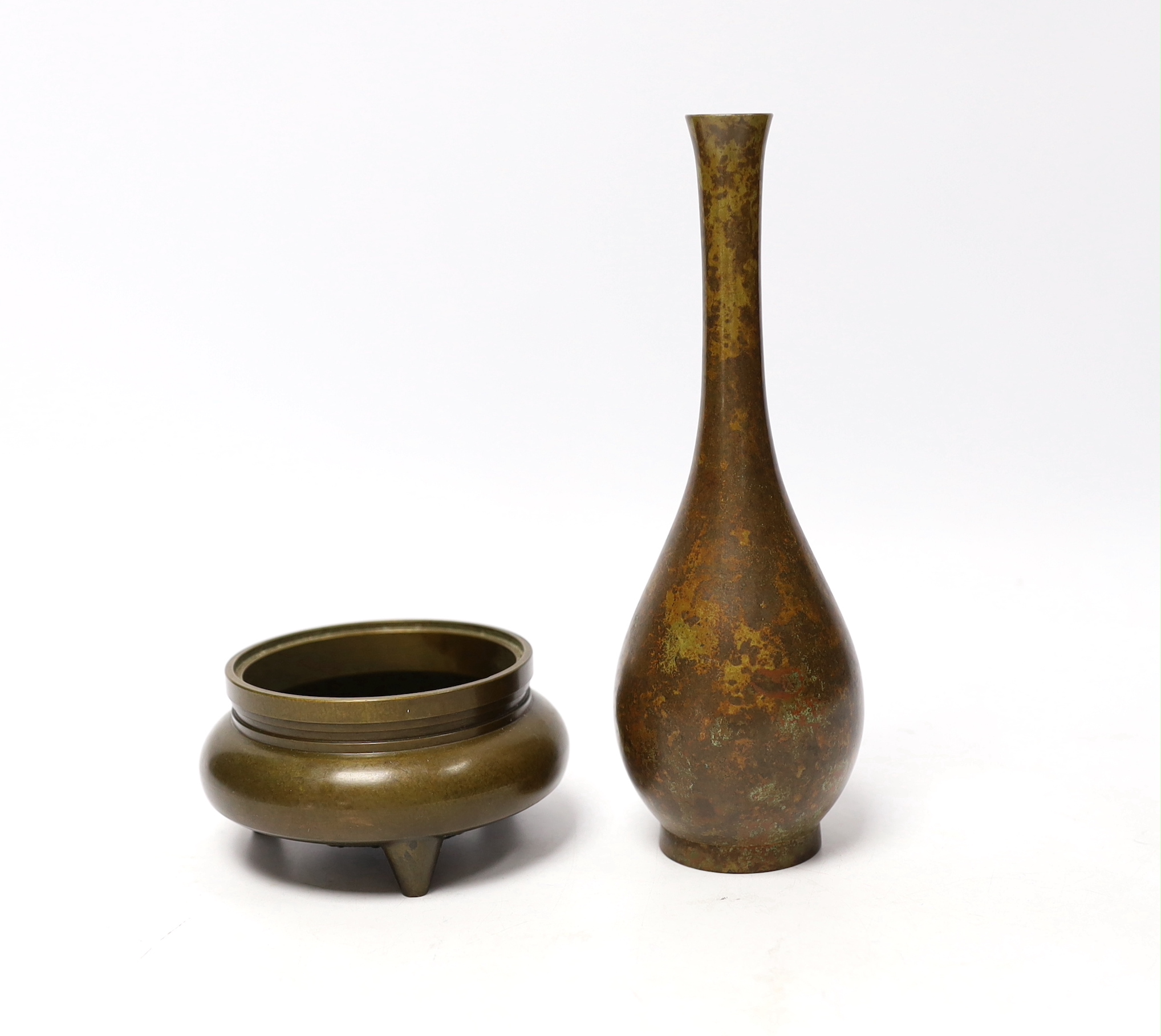 Two Chinese bronzes; a miniature censer and a vase, vase 18.5cm high